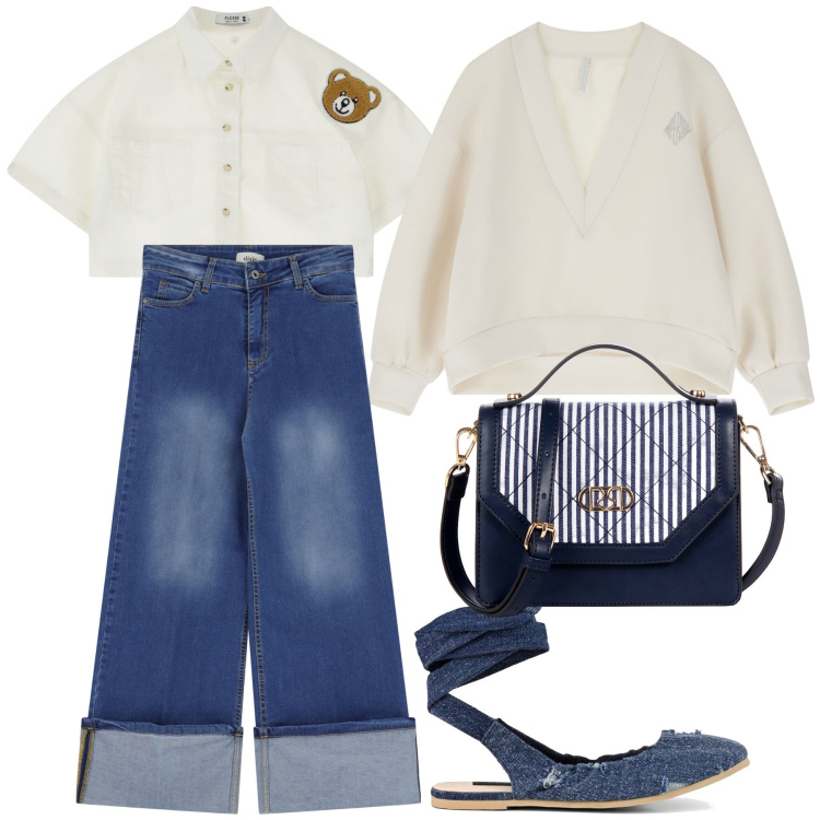 Outfit donna - L orsetto fa cucu. Stile Trendy per Tutti i giorni. Abbinamento con borse a mano, blazer, maglieria, jeans dritti, ballerine.
