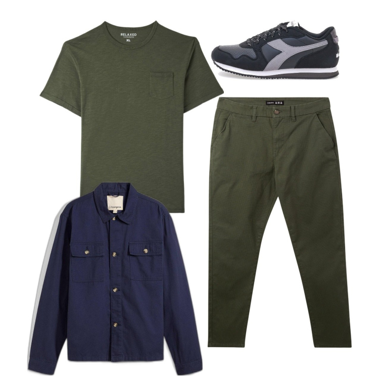 Outfit uomo - Giornata buona. Stile Casual per Tutti i giorni. Abbinamento con giacche, pantaloni chino, t-shirt, sneakers.