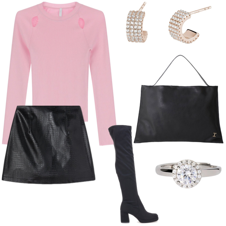Outfit donna - La pizza con lui. Stile Urban per Serata fuori. Abbinamento con orecchini, anelli, borse a spalla, maglieria, stivali, minigonne.