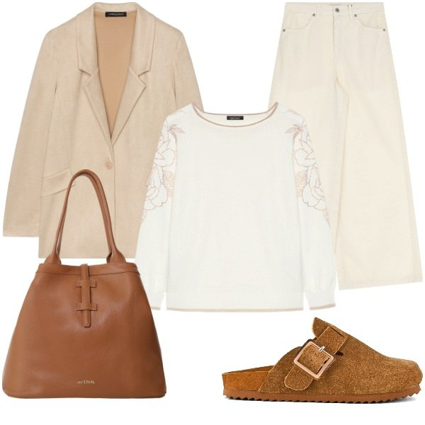 Outfit donna - Primavera in città. Stile Casual per Tutti i giorni. Abbinamento con borse tote, jeans, maglieria, sabot, blazer.