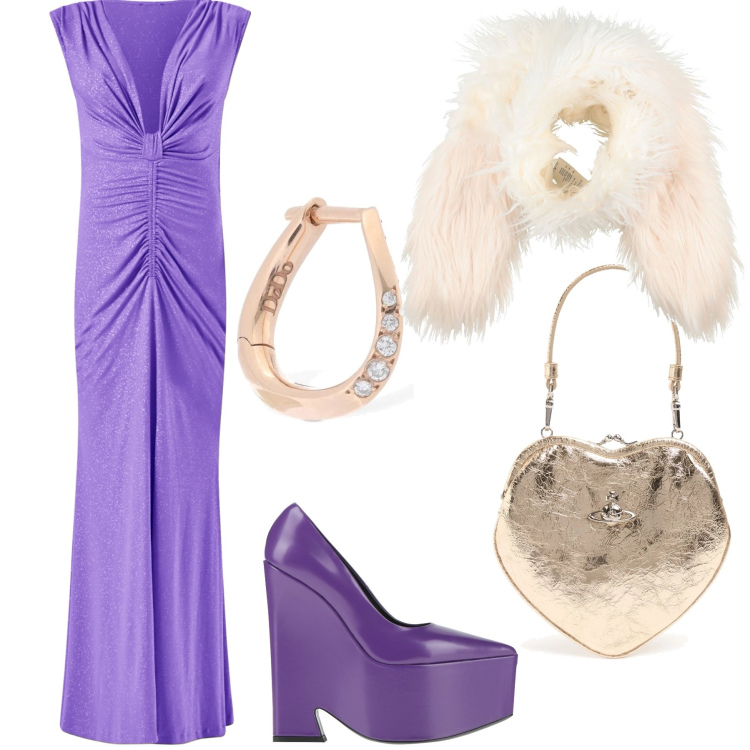 Outfit donna - Violet and gold. Stile Glamour per Serata fuori. Abbinamento con décolleté, sciarpe, vestiti lunghi, orecchini, pochette.