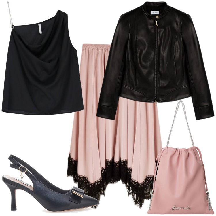 Outfit donna - Rosa e nero classico e chic. Stile Glamour per Serata fuori. Abbinamento con borse a secchiello, top, décolleté, gonne, blazer.