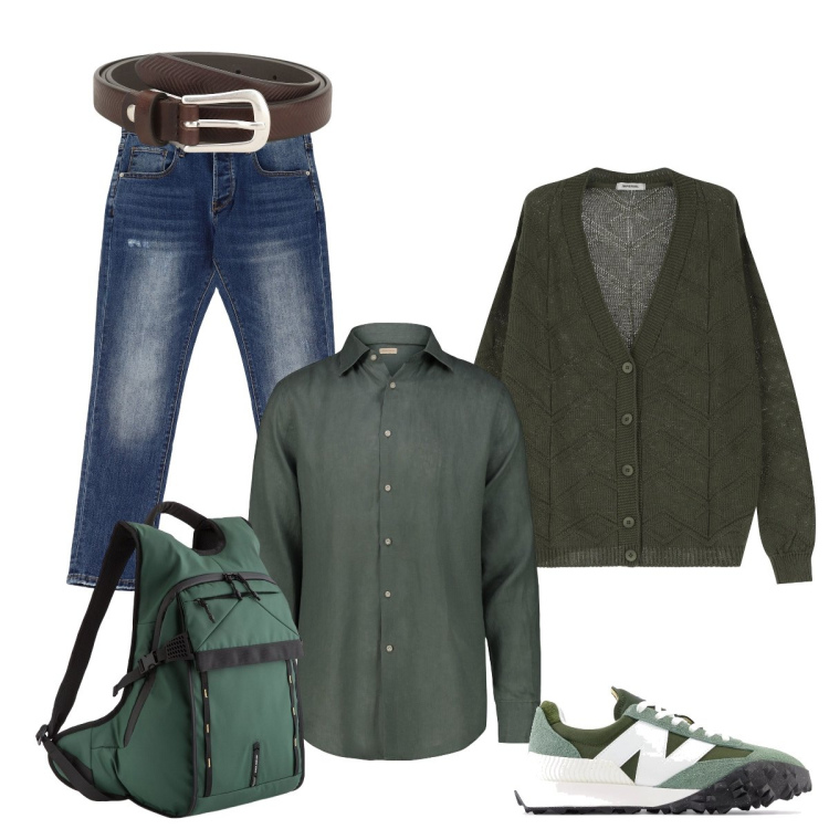 Outfit uomo - Disinvolto al lavoro. Stile Casual per Ufficio. Abbinamento con sneakers, jeans dritti, cinture, cardigans, camicie, borse sportive.