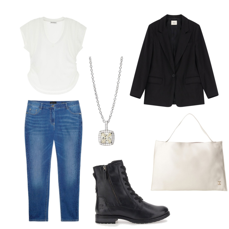 Outfit donna - Casual per l’ufficio. Stile Casual per Ufficio. Abbinamento con collane, borse a spalla, blazer, t-shirt, anfibi, jeans skinny.
