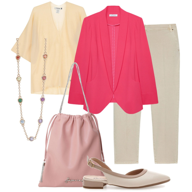 Outfit donna - Tailleur sartoriali per curve eleganti. Stile Casual chic per Tutti i giorni. Abbinamento con collane, maglieria, borse a secchiello, pantaloni chino, ballerine, blazer.