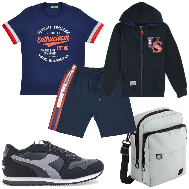 Outfit uomo - Total look #2099318. Stile Trendy per Sport. Abbinamento con felpe con cappuccio, sneakers, t-shirt, borse sportive, pantaloni corti.