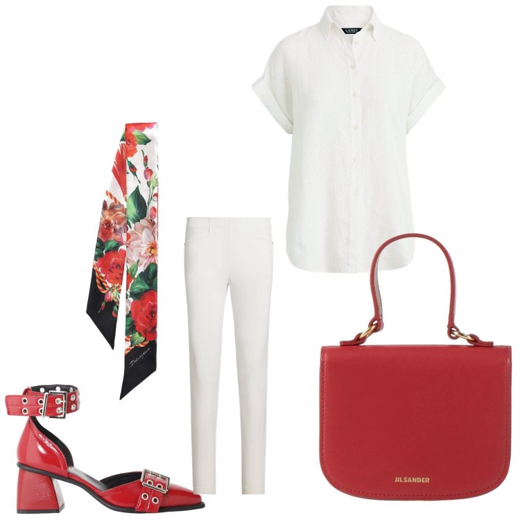 Outfit donna - Rosso e bianco. Stile Bon Ton per Ufficio. Abbinamento con borse a mano, décolleté, camicie a manica corta, pantaloni, foulard.