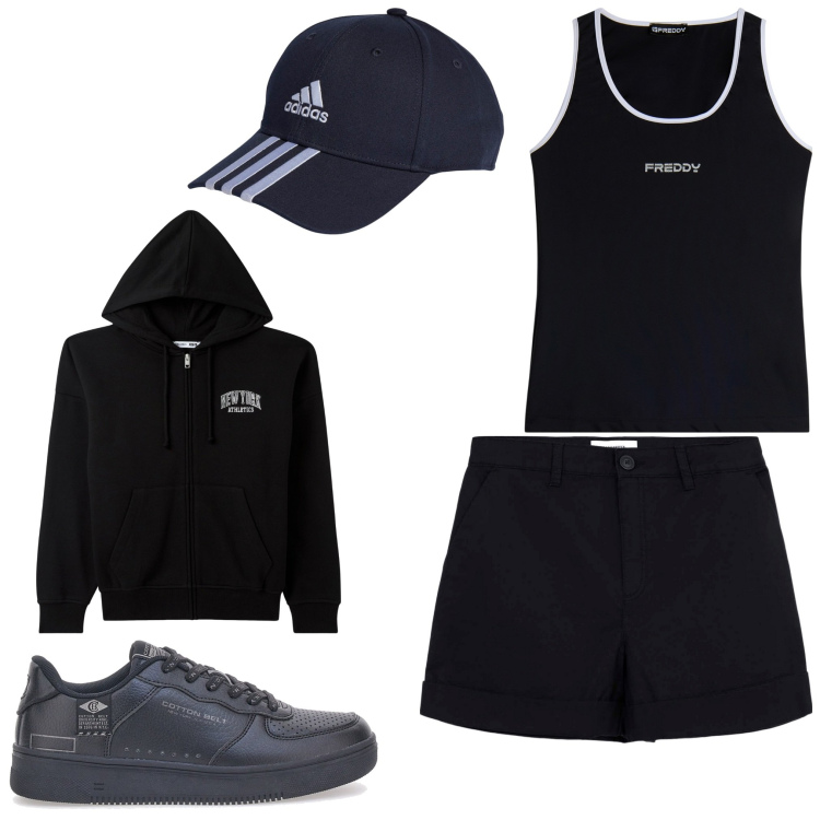Outfit donna - Corsetta. Stile Casual per Sport. Abbinamento con pantaloni corti, felpe con cappuccio, canottiere, cappelli con visiera, sneakers.