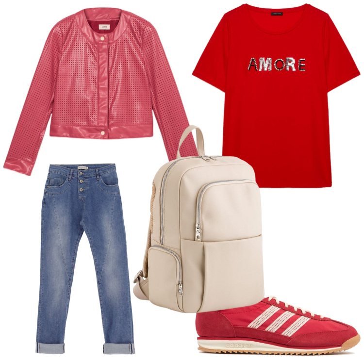 Outfit donna - Amore. Stile Casual per Tutti i giorni. Abbinamento con jeans slim fit, t-shirt, giacche, sneakers, zaini.