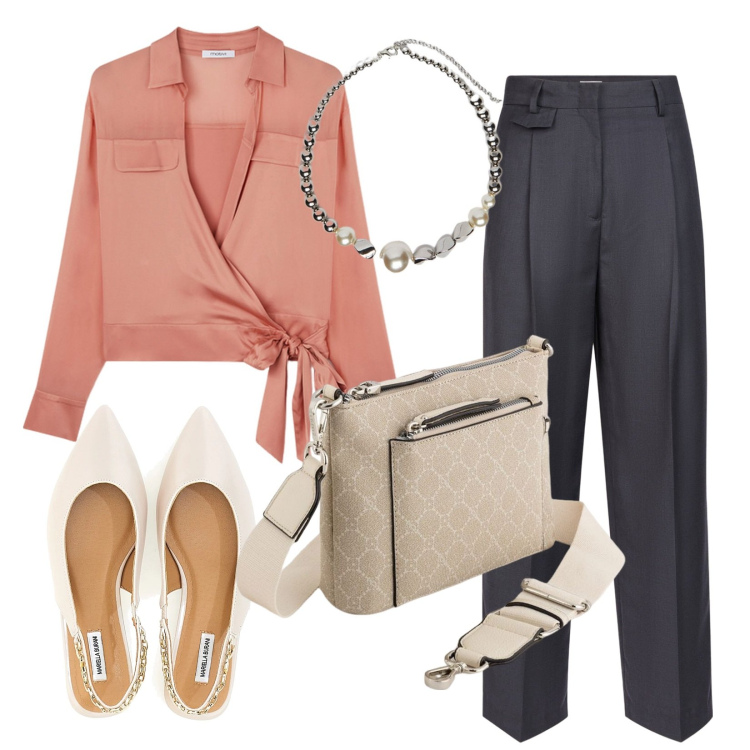 Outfit donna - Comoda in ufficio. Stile Chic per Ufficio. Abbinamento con ballerine, collane, camicie, pantaloni, borse a tracolla.