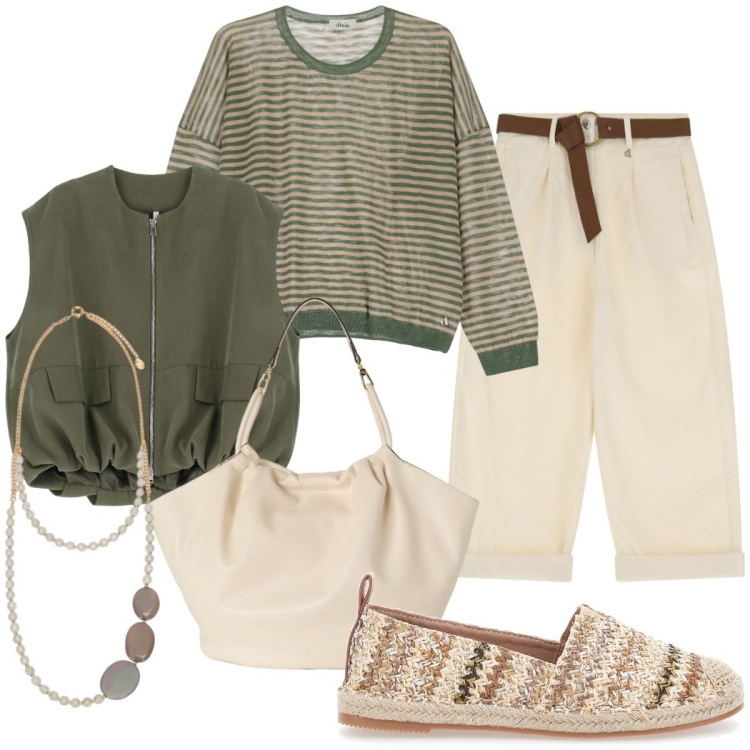 Outfit donna - Urban style. Stile Casual chic per Tutti i giorni. Abbinamento con blazer, pantaloni, maglieria, espadrillas, borse a secchiello, collane.