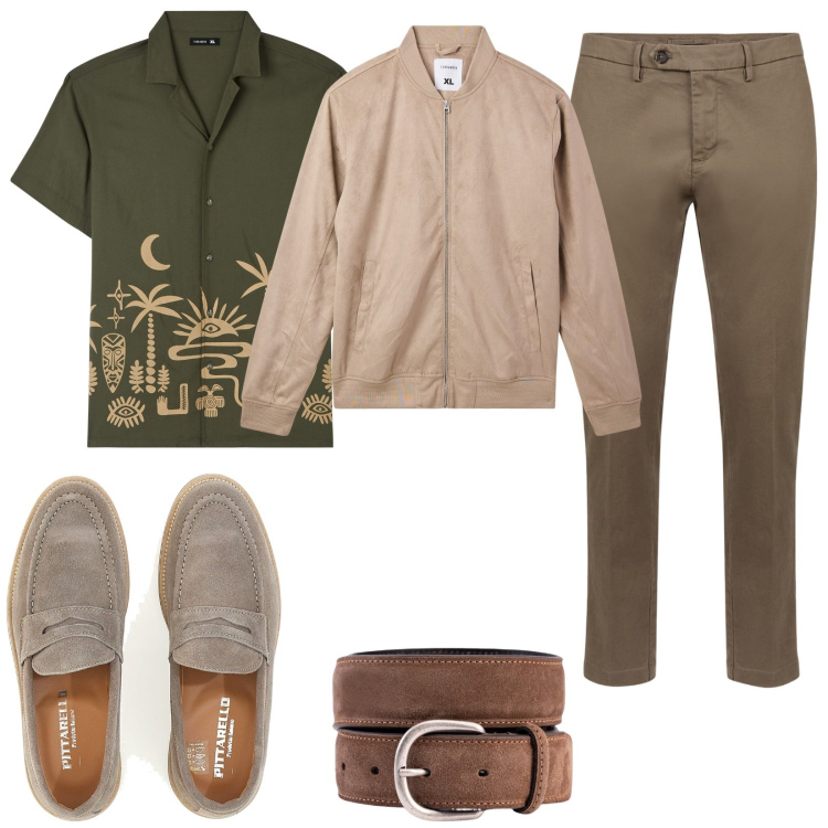 Outfit uomo - Tonalità terrose. Stile Casual per Serata speciale. Abbinamento con camicie a manica corta, bomber, pantaloni chino, scarpe stringate, cinture.