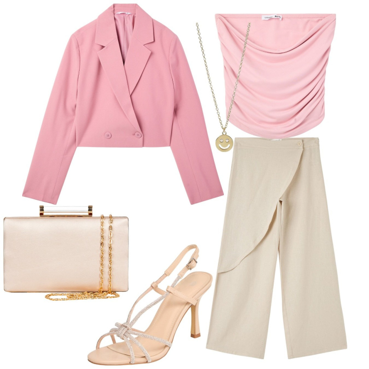 Outfit donna - La vie en rose. Stile Chic per Cerimonia. Abbinamento con blazer, pantaloni, top, sandali col tacco, collane, clutch.