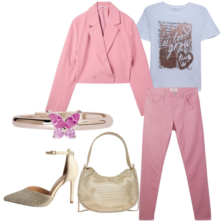Outfit donna - Battesimo. Stile Casual chic per Cerimonia. Abbinamento con t-shirt, blazer, décolleté, pantaloni, borse a spalla, anelli.