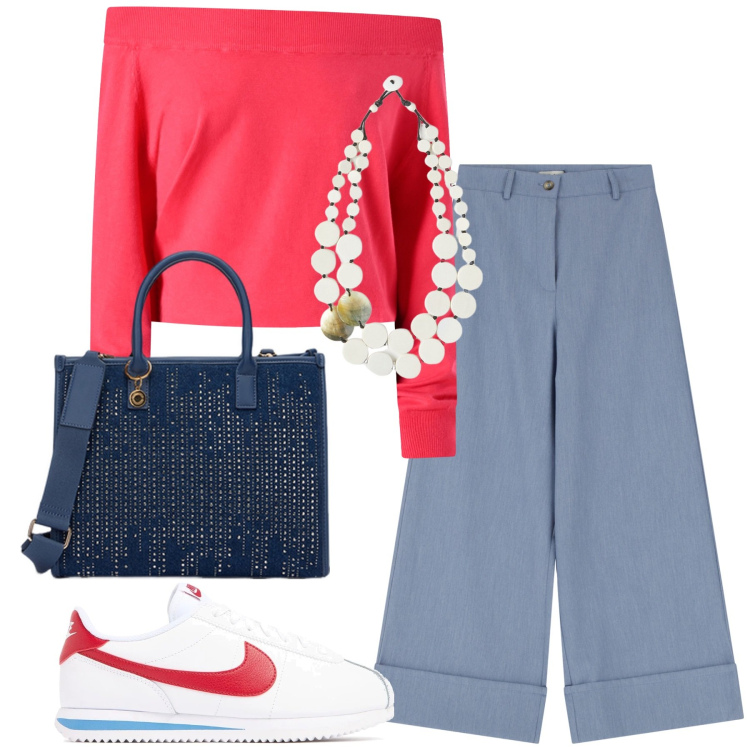 Outfit donna - Total look #2099354. Stile Basic per Tutti i giorni. Abbinamento con pantaloni a palazzo, maglieria, sneakers, ciondoli, borse a mano.