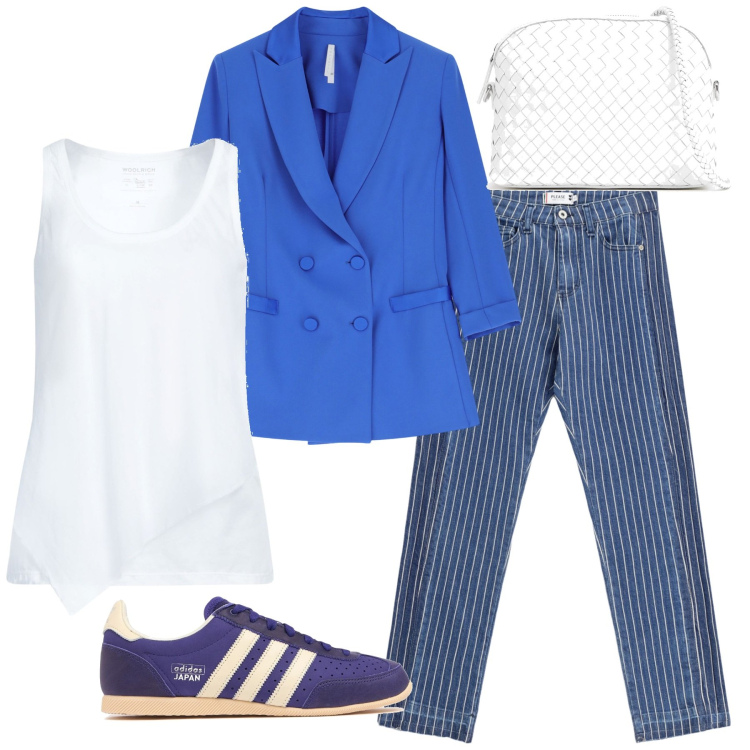 Outfit donna - Total look #2099358. Stile Casual per Ufficio. Abbinamento con canottiere, jeans slim fit, blazer, borse a spalla, sneakers.