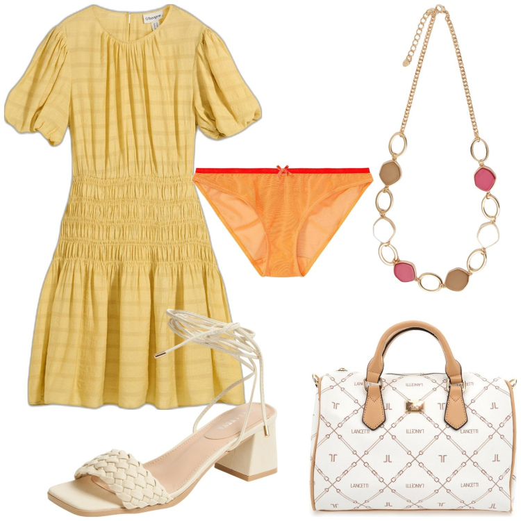 Outfit donna - Giallo burro. Stile Basic per Tutti i giorni. Abbinamento con culotte, vestiti corti, sandali alla schiava, collane, borse a mano.