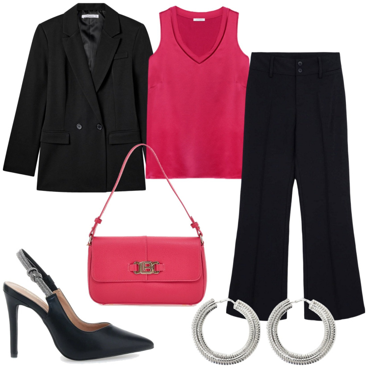 Outfit donna - Tailleur sartoriali. Stile Casual chic per Serata fuori. Abbinamento con pantaloni, blazer, orecchini, top, décolleté, borse a spalla.