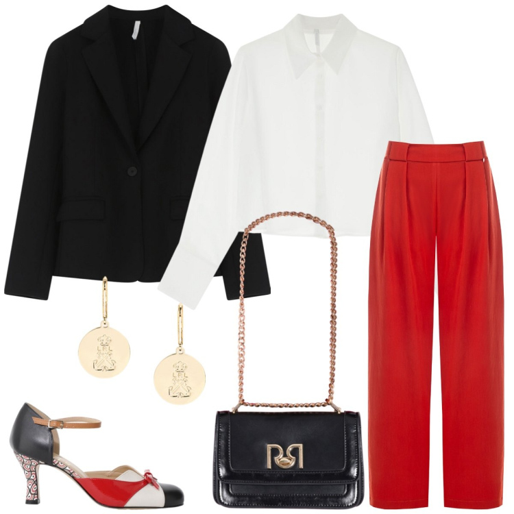 Outfit donna - Total look #2099377. Stile Chic per Ufficio. Abbinamento con pantaloni, borse a tracolla, camicie, blazer, décolleté, orecchini.