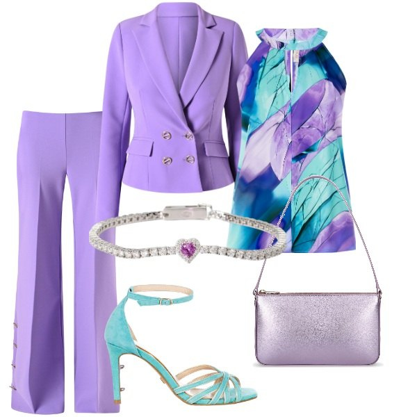 Outfit donna - Matrimonio in vista. Stile Glamour per Cerimonia. Abbinamento con top, pantaloni a palazzo, sandali col tacco, blazer, braccialetti, borse a spalla.