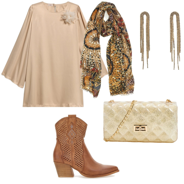 Outfit donna - Cerimonia in cottage. per Cerimonia. Abbinamento con orecchini, borse a tracolla, foulard, stivaletti texani, vestiti corti.