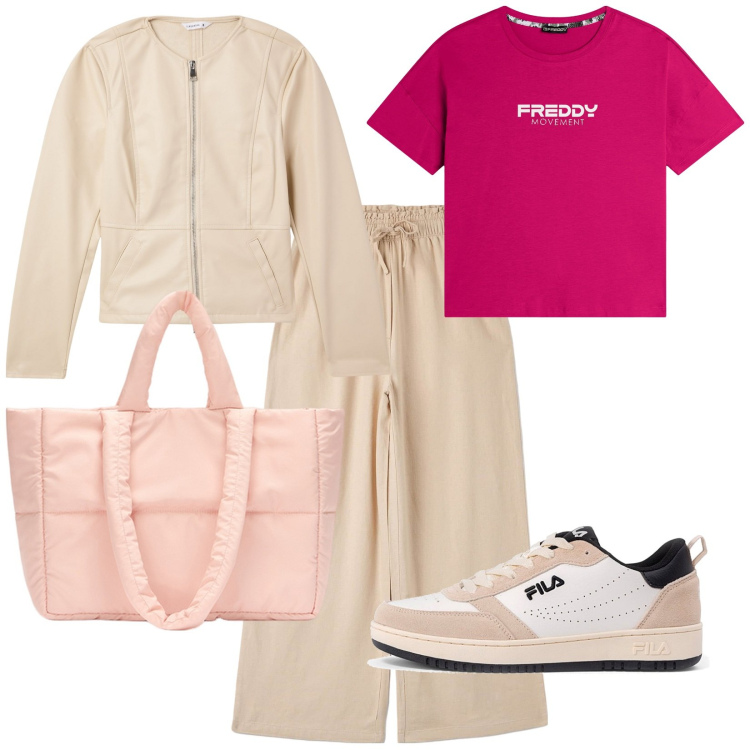 Outfit donna - Ho tutto in borsa. per Tutti i giorni. Abbinamento con pantaloni, blazer, t-shirt, sneakers, shopping bag.