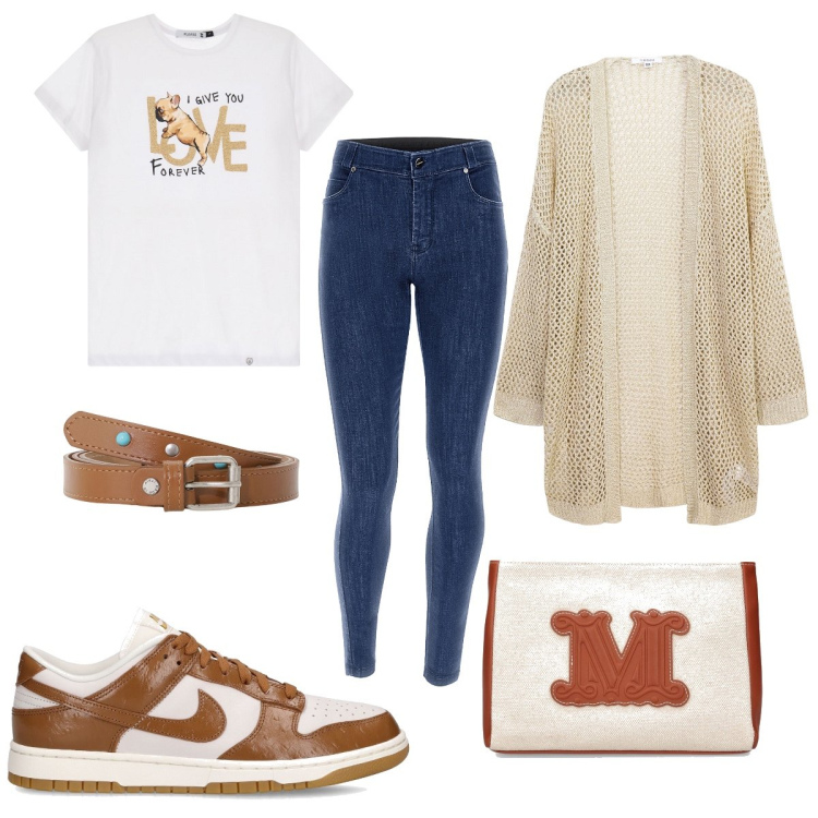 Outfit donna - Urban chic. Stile Casual per Tutti i giorni. look ideale per Petite. Abbinamento con kimono, t-shirt, jeans skinny, cinture, sneakers, pochette.