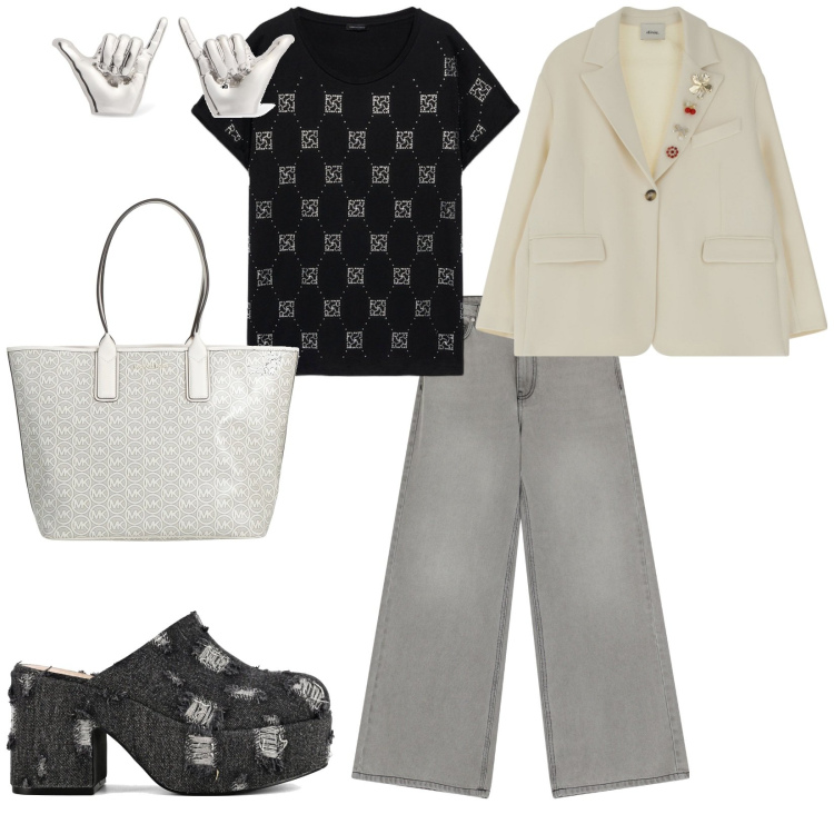Outfit donna - Un caffè. per Ufficio. Abbinamento con borse a mano, jeans, blazer, sabot, t-shirt, orecchini.