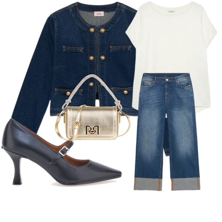 Outfit donna - Casual chic. Stile Casual chic per Ufficio. Abbinamento con borse a mano, décolleté, bluse, blazer, jeans.