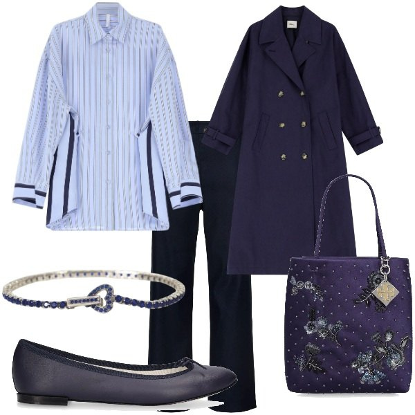 Outfit donna - A spasso per la città. Stile Casual chic per Tutti i giorni. Abbinamento con braccialetti, camicie, trench, ballerine, borse a mano, pantaloni.