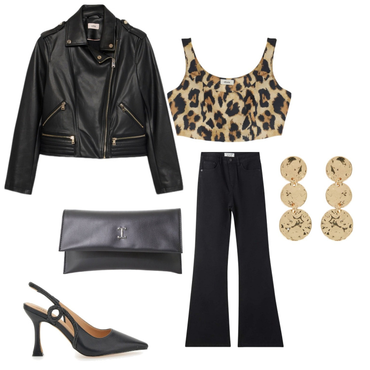 Outfit donna - Night. Stile Sporty chic per Serata fuori. Abbinamento con jeans a zampa, pochette, top, décolleté, orecchini, giacche.