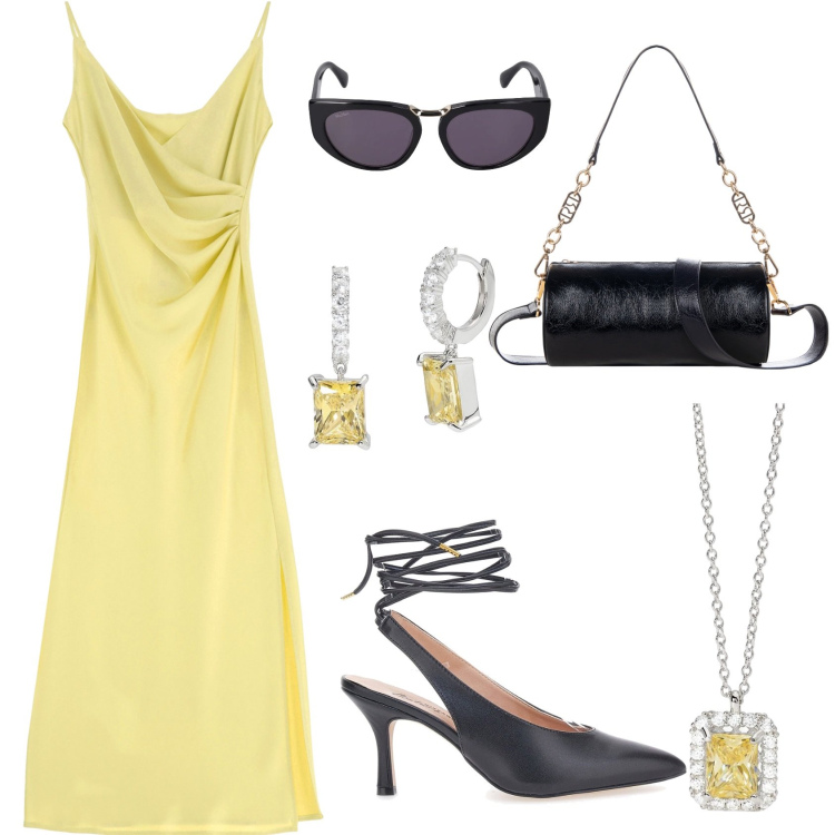 Outfit donna - Giallo per splendere. Stile Chic per Serata fuori. Abbinamento con orecchini, collane, borse a mano, vestiti midi/longuette, décolleté, occhiali da sole.