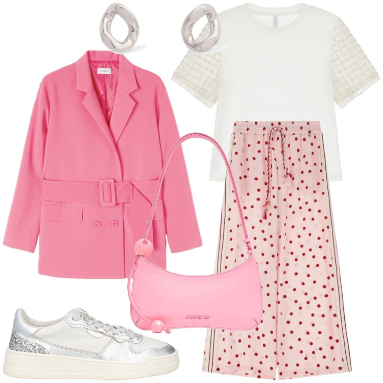 Outfit donna - Caramella style. Stile Trendy per Serata fuori. Abbinamento con sneakers, t-shirt, pantaloni, orecchini, borse a spalla, blazer.