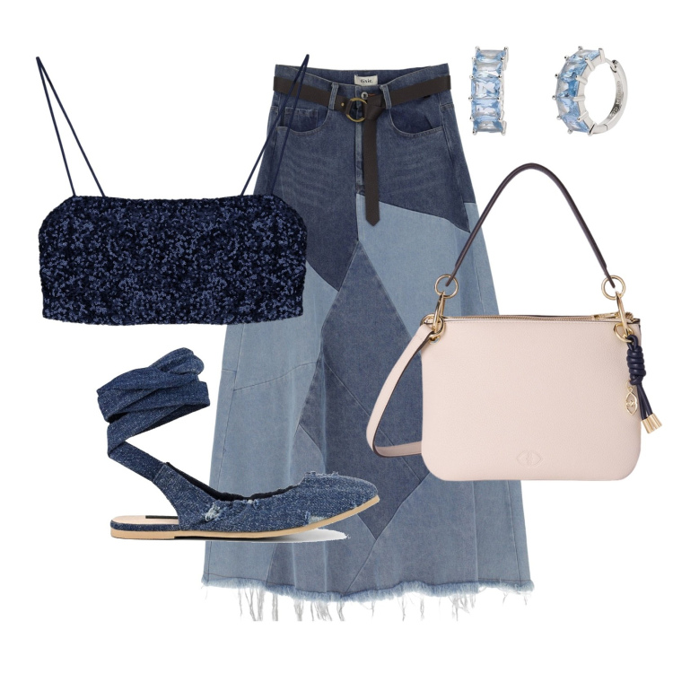 Outfit donna - Chic in jeans. Stile Casual chic per Serata fuori. Abbinamento con orecchini, top, gonne longuette, ballerine, borse a tracolla.