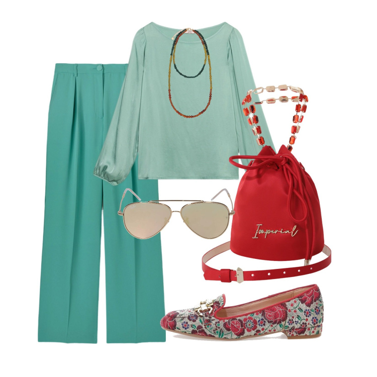 Outfit donna - Curvy chic. Stile Casual chic per Tutti i giorni. Abbinamento con borse a secchiello, mocassini, bluse, ciondoli, pantaloni a palazzo, occhiali da sole.