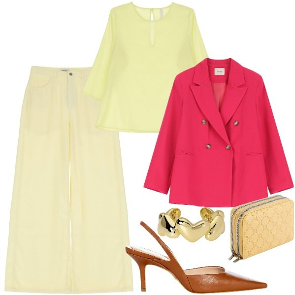 Outfit donna - Giallo burro. Stile Casual chic per Ufficio. Abbinamento con anelli, décolleté, bluse, pantaloni, blazer, portafogli.