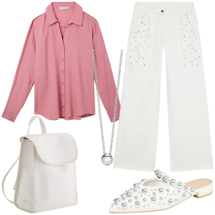 Outfit donna - Città. Stile Casual chic per Tutti i giorni. Abbinamento con ballerine, camicie, collane, pantaloni a palazzo, zaini.