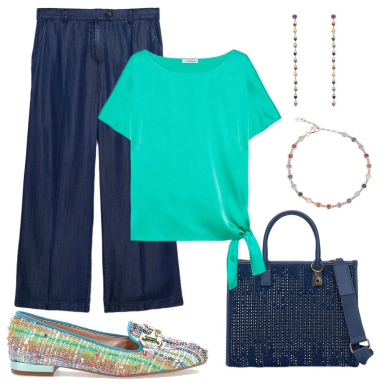 Outfit donna - Curvy in verde. Stile Casual chic per Ufficio. Abbinamento con braccialetti, orecchini, bluse, mocassini, jeans, borse a mano.