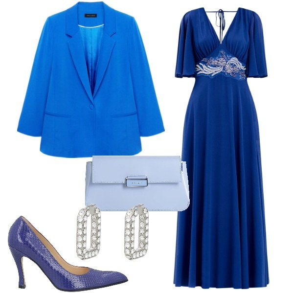 Outfit donna - Tailleur sartoriale per curve eleganti -. Stile Bon Ton per Cerimonia. Abbinamento con décolleté, orecchini, borse a mano, vestiti lunghi, blazer.