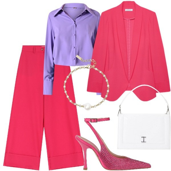 Outfit donna - Tailleur sartoriale per curve eleganti. Stile Casual chic per Ufficio. Abbinamento con décolleté, borse a tracolla, pantaloni a palazzo, braccialetti, camicie, blazer.