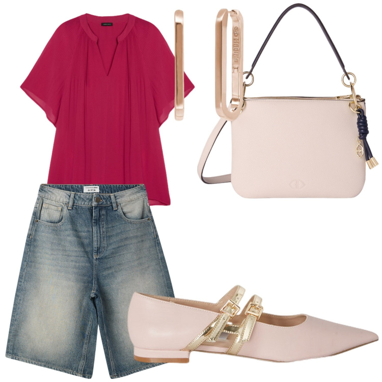 Outfit donna - Tutta in rosa. Stile Bon Ton per Tutti i giorni. Abbinamento con bermuda, orecchini, bluse, ballerine, borse a tracolla.