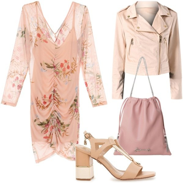 Outfit donna - Stampe floreali rivisitate - FDC. Stile Romantica per Serata fuori. Abbinamento con giacche, vestiti corti, borse a secchiello, sandali col tacco.