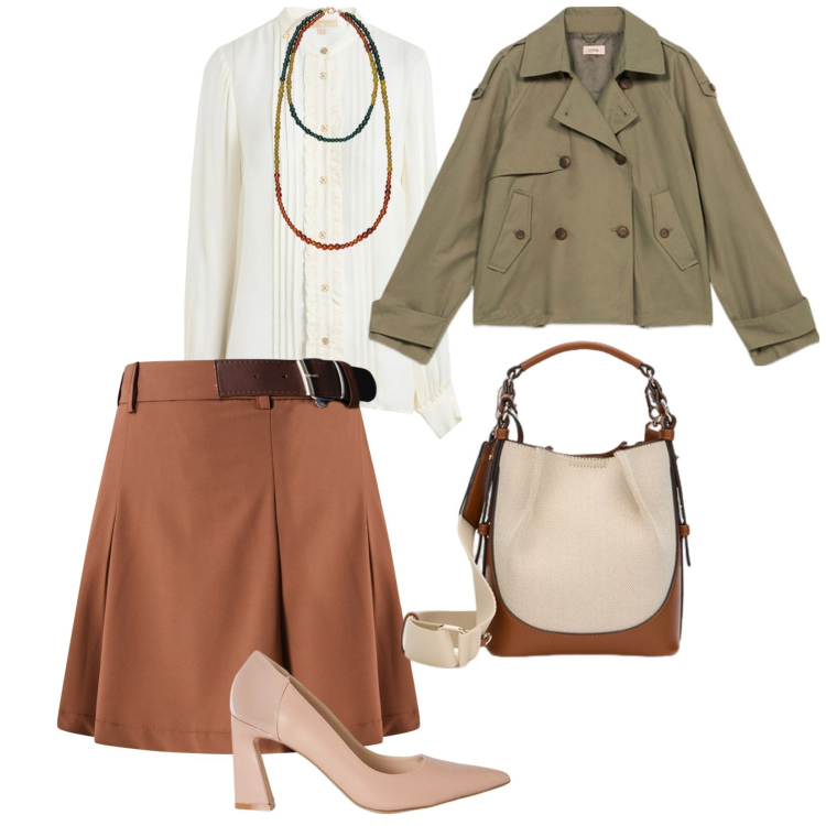 Outfit donna - I colori della terra. per Tutti i giorni. Abbinamento con camicie, minigonne, trench, décolleté, borse a mano, ciondoli.