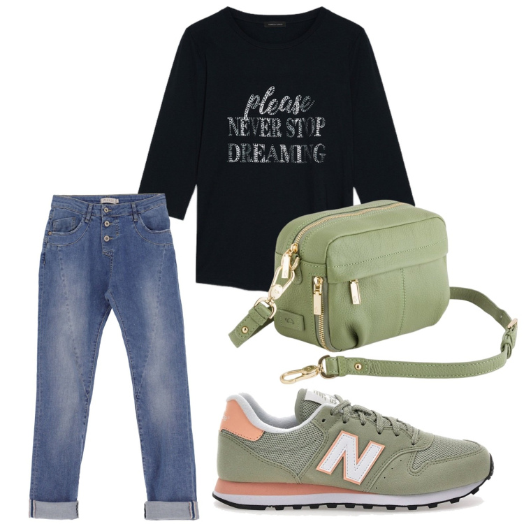 Outfit donna - Please never stop dreaming. Stile Minimal per Tutti i giorni. Abbinamento con jeans slim fit, sneakers, t-shirt, borse a tracolla.