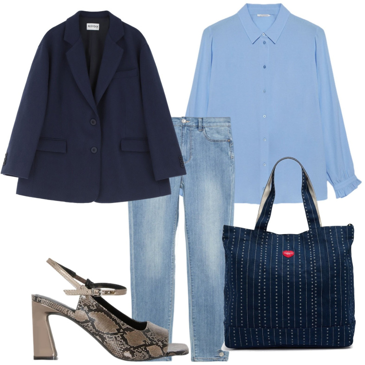 Outfit donna - Il ritorno del pitonato. Stile Glamour per Ufficio. Abbinamento con blazer, camicie, borse tote, sandali col tacco, jeans.