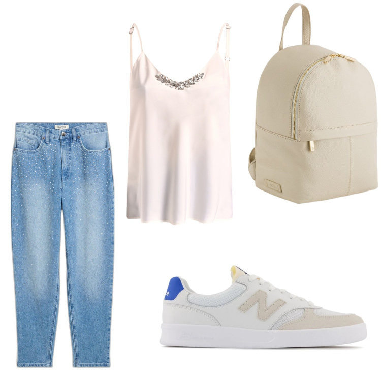 Outfit donna - Passeggiata in città. Stile Casual chic per Tutti i giorni. Abbinamento con jeans mom, sneakers, top, zaini.