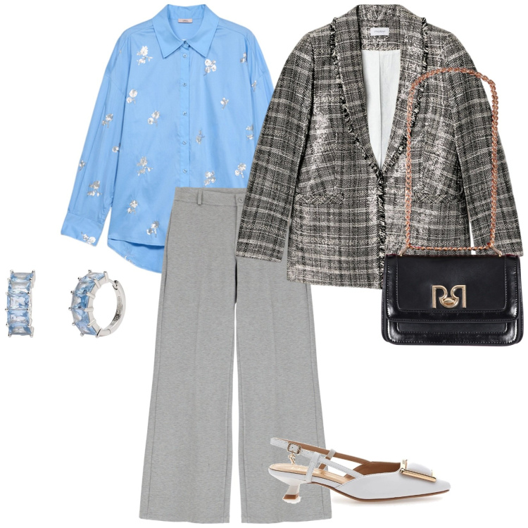 Outfit donna - Grigio in primavera. per Scuola/Università. Abbinamento con orecchini, borse a tracolla, pantaloni a palazzo, décolleté, blazer, camicie.