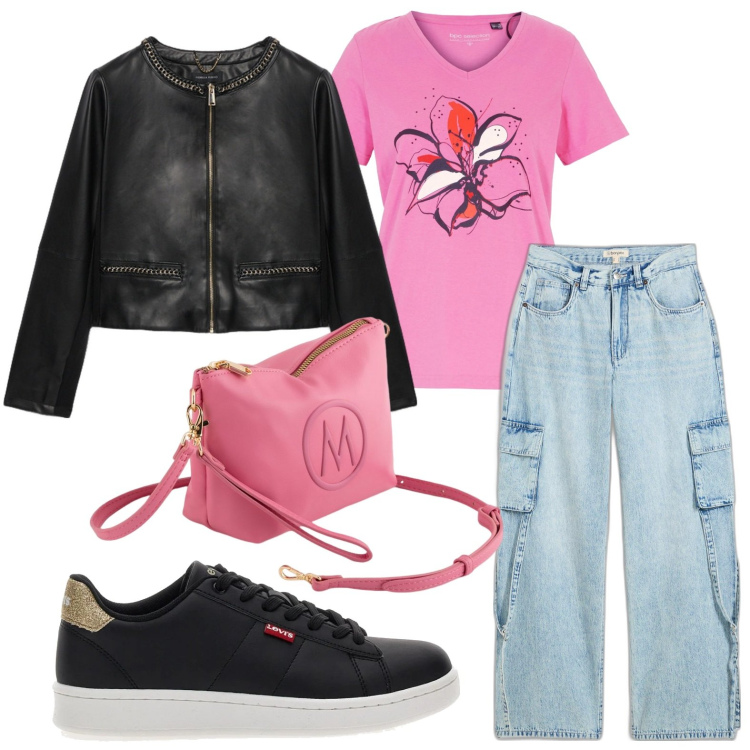 Outfit donna - Emozioni in rosa. Stile Glamour per Tutti i giorni. Abbinamento con jeans, t-shirt, sneakers, valigie, blazer.