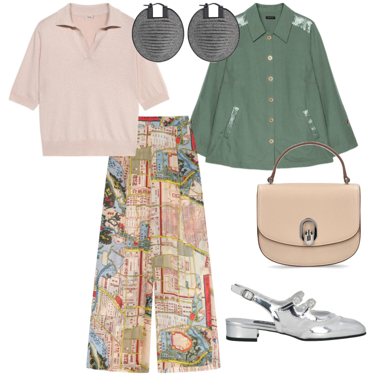 Outfit donna - I pantaloni fantasia. per Tutti i giorni. Abbinamento con ballerine, pantaloni a palazzo, camicie, orecchini, borse a mano, polo.