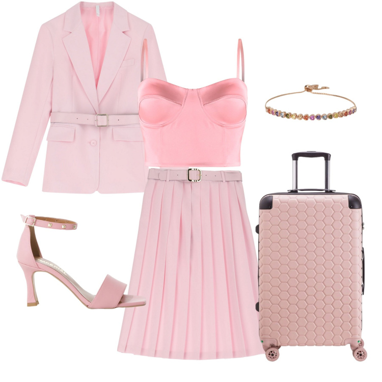 Outfit donna - Rosa pastello. Stile Romantica per Tutti i giorni. Abbinamento con canottiere, braccialetti, gonne longuette, blazer, sandali col tacco, valigie.